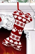 Dog Christmas Stocking Red Cable Knit Large Bone Shape Hearts  Paws