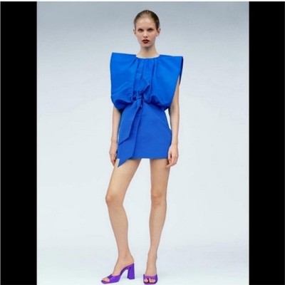 NWT Zara Limited Edition Voluminous Dress with Bow in Blue Size Small
