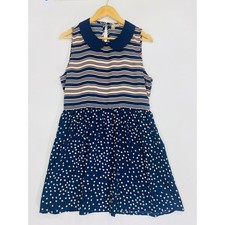 Forever 21 Juniors Dress Size Large Navy Blue Peter Pan Collar Stripe/Polka Dot