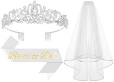 3Pcs Bride to Be Crown Sash Veil Bridal Shower Accessories Gift Favors Set