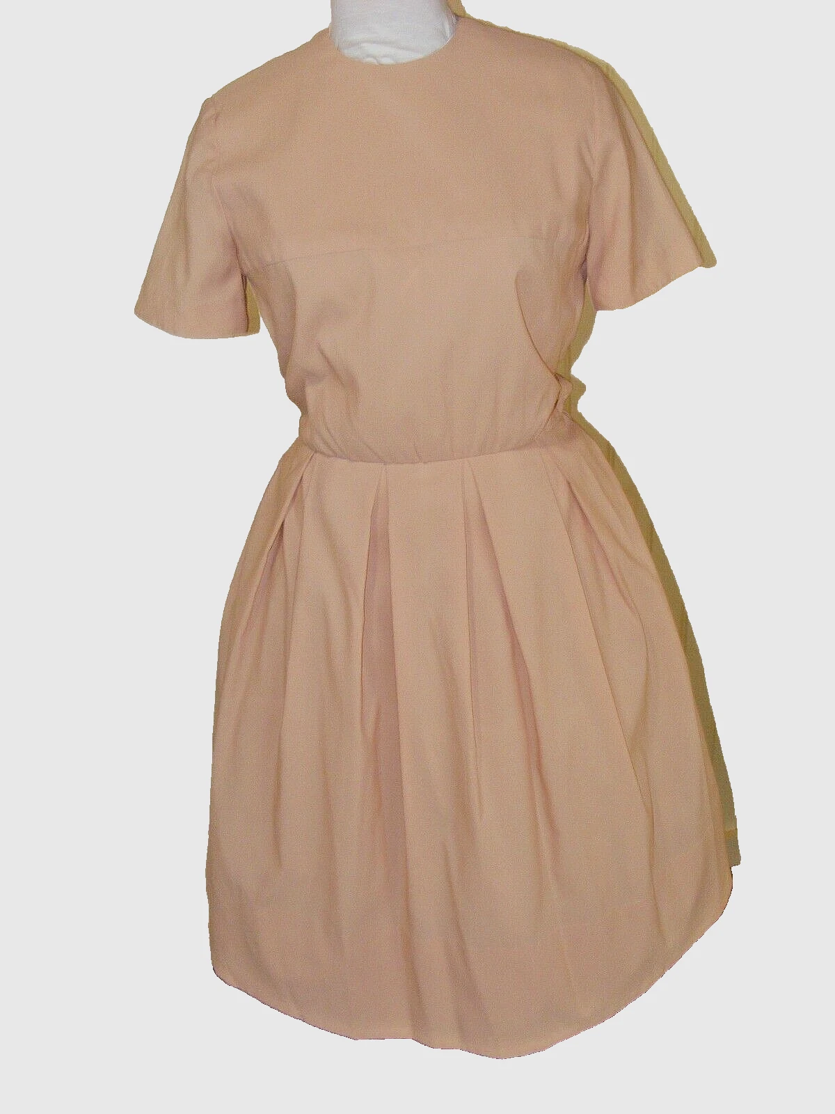 60S DRESS BEIGE NYON CREPE PLEATED SKIRT SHORT SLEEVE VINTAGE CLOTHING 38/30/46"