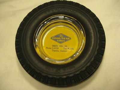 vtg Goodyear rubber tire promotional glass ashtray - Gregg Tire Topeka Kansas