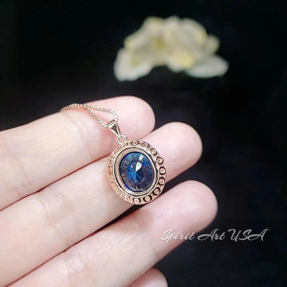 Collar oro rosa zafiro azul 4,5 quilates ovalado azul real piedras preciosas halo Foto 4 de 4