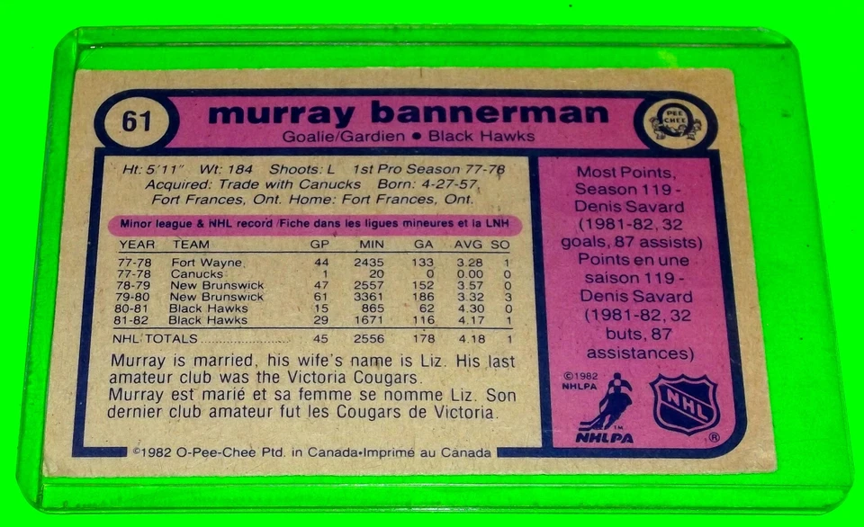 MURRAY BANNERMAN 100 % AUTHENTIC AUTOGRAPHED 1982 OPC OPEE CHEE NHL HOCKEY CARD - Image 2 of 2