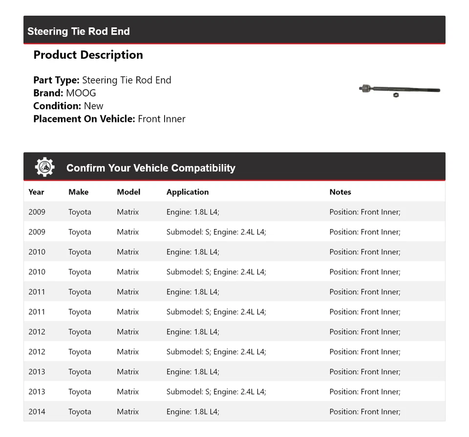 Barra de amarre interior delantera MOOG 2009 2010 2011 para Toyota Matrix 2009-2014 Foto 2 de 4