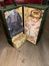 Vintage AMY Doll In Wooden Steamer Trunk Case Extra Outfits & Shoes New In Box