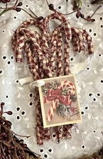 8 Primitive Rag Wrapped Candy Canes Christmas Ornaments Maroon Cream Farmhouse