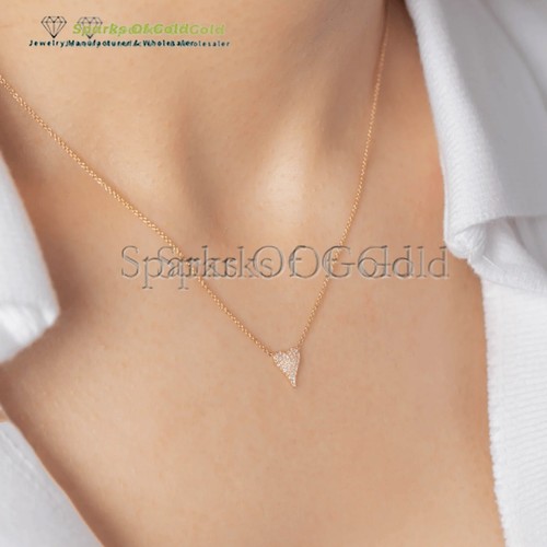 Natural Pave Diamond Heart Necklace 14k Yellow Gold valentine's day gift Jewelry - Picture 2 of 4