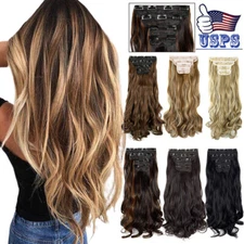 18"Thick Curly Wavy Full Head Hair Extensions Clip In On Synthetic Hairpiece USA