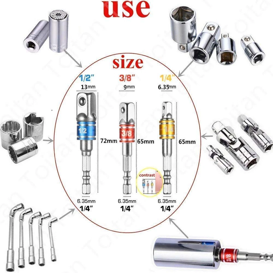 Juego de adaptadores hexagonales de 1/4" 3/8" 1/2" - Extensión de taladro de ángulo recto Foto 3 de 4