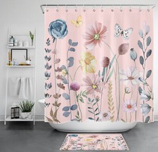 Fall Blue Eucalyptus Leaf Pink Wildflower Shower Curtain Set for Bathroom Decor