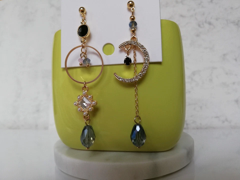 Mond Kristall Ohrringe Asymmetrische Ohrringe 925 Sterlingsilber Pin Gold Neu - Bild 4 von 4