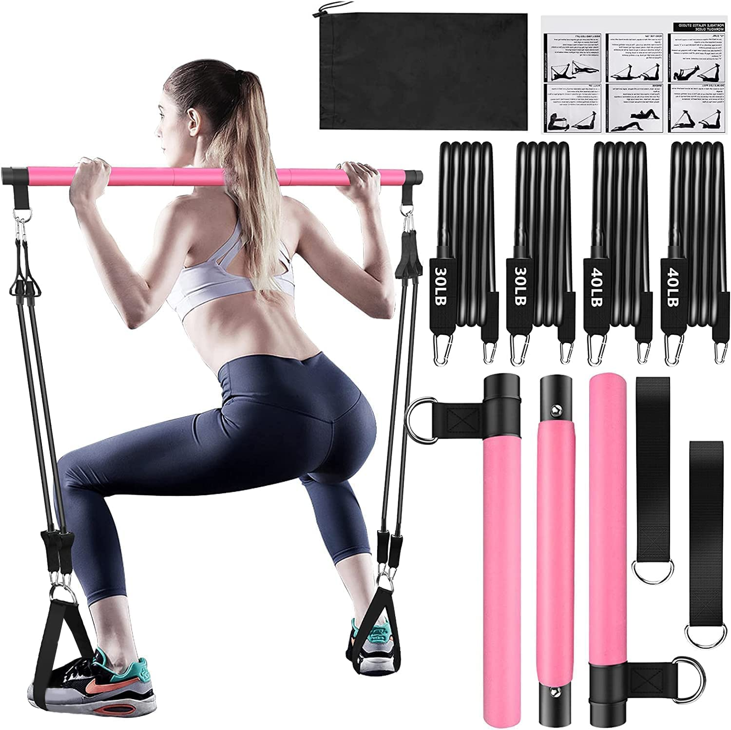 Pilates Bar Kit with Resistance Bands,Pilates Bar with Stackable Bands Workout E