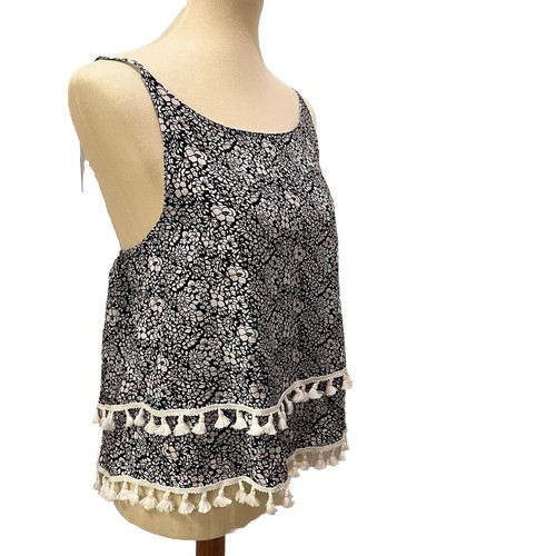 Flowy Boho Fringe Tank Top Spaghetti Strap Feminine Sz S Navy/White Tassel NEW!
