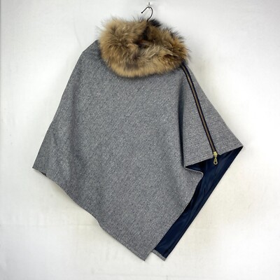 Holland Cooper Tweed Cape Womens O/S Grey Blue Wool Wrap Poncho Fur Collar  Races UK