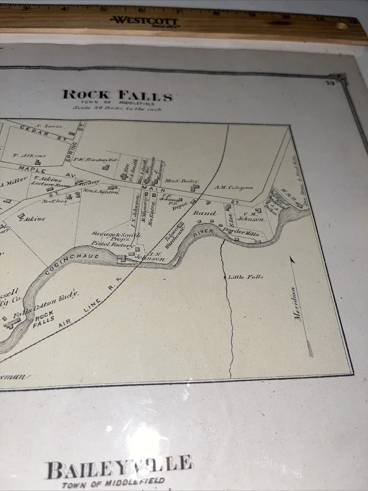 Antiguo mapa coloreado a mano Rock Falls Baileyville Middlefield CT CONNECTICUT 1869 Foto 3 de 4
