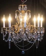 8Lt Vintage bronze brass Pineapple lamp chandelier crystal prism Spain w canopy