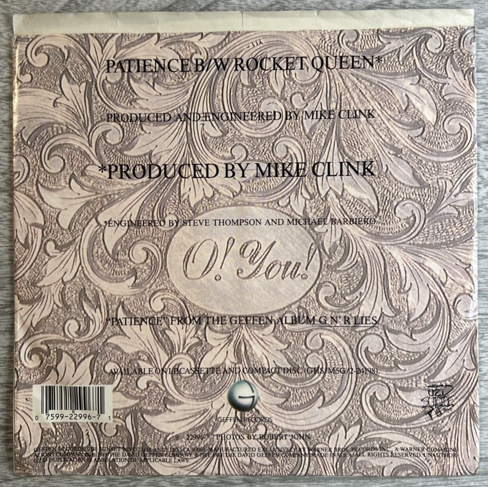 GUNS N' ROSES "Patience" 1988 7" 45rpm Single Geffen Records – 7-22996-A PROMO Foto 2 de 4