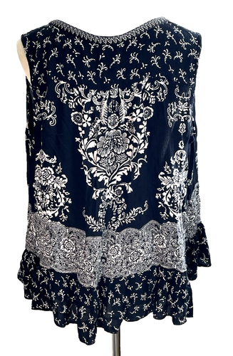 BILA V-Blouse Women 2X Blk/Wh Rayon Boho Hippie Peasant Sleeveless Embroidered - Picture 2 of 8