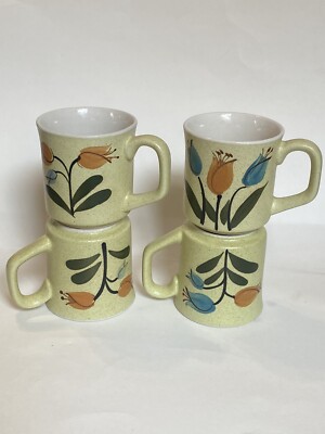 Vtg Otagiri Speckled Stoneware Coffee Mug Hand Painted Orange Blue Tulip Flowers