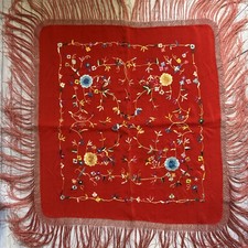 Vintage Chinese Embroidered Red Shawl with Fringe, Floral Silk Embroidery