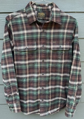 FILSON VINTAGE FLANNEL WORK SHIRT BROWN GREEN CREAM MULTI PLAID S NWOT