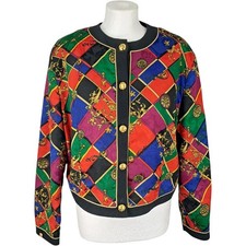 Jacket Large Women Red Blue Polyester Vintage Shoulder Pads 80s Button Up Floral