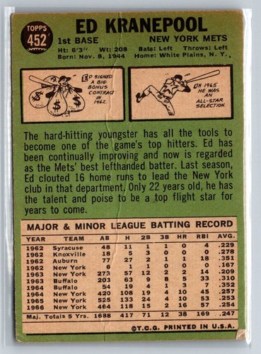 1967 Topps #452 Ed Kranepool - Picture 2 of 2