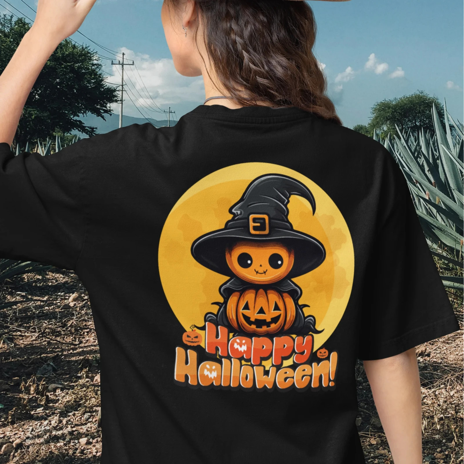 Halloween special back printed oversized round neck t shirt for Women