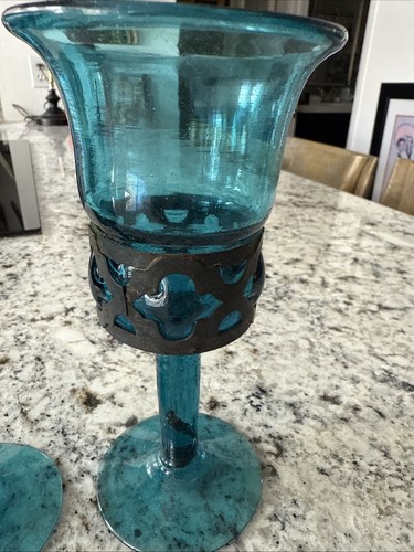 Amazing Pair Vintage Gothic Handmade Mexican Caged Glass Wine Goblets Teal 7” - Picture 4 of 7