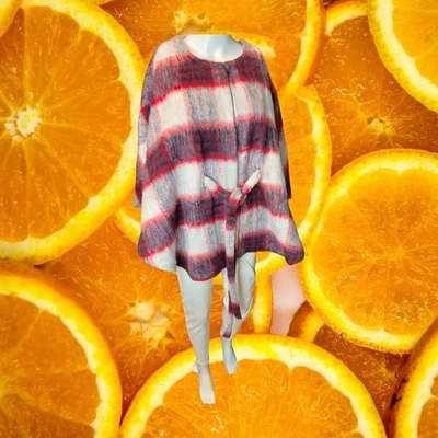 Andersen & Lauth Red White Plaid Wool Blend Belted Poncho Cape OS - Image 1 of 4
