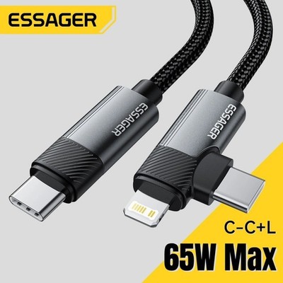 Essager 65W 2 In 1 USB C to USB C & iPhone  Fast Charging Cable 1M 2M