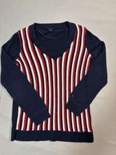 Tommy Hilfiger Womens Red And Blue Vertical Striped Long Sleeve Knit Sweater Med
