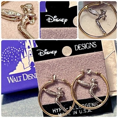 Disney Parks 3D Tinker Bell Hoop Earrings Gold & Silver Tone VINTAGE 90s