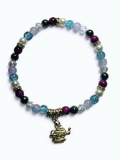 Multicolor Beaded Charm Bracelet with Alice Wonderland teapot
