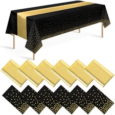 12 Pack Black and Gold Tablecloth and Table Runner Set Party Decorations, Bla...