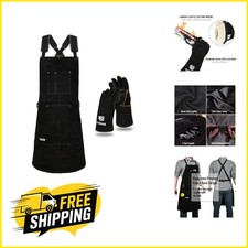 Heavy-Duty Leather Welding Apron with Gloves Flame Resistant 6 Pockets