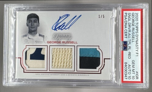George Russell 2020 Topps Dynasty F1 Red Triple Patch Auto 1/5 PSA 10/10