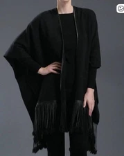 ZOE COUTURE Black Leather And mink fringe cashmere poncho Shawl O/S