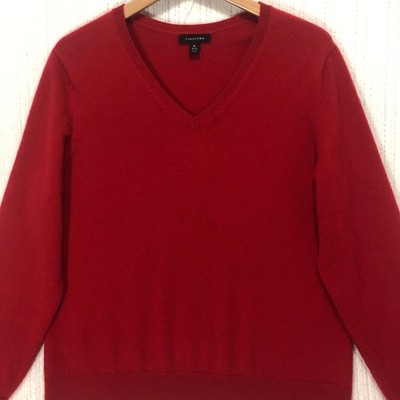 Lands End Red Cashmere Sweater Womens XL V Neck Long Sleeve Classic Knit 