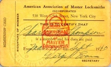 1970 American Association of Master Locksmiths Membership Card NYC Ephemera