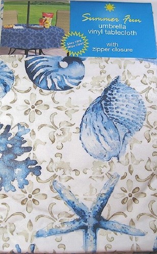 Seashells Sea Life & Coral Vinyl Tablecloth w/Zipper Umbrella Hole Var. Sizes - Picture 4 of 4