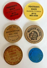 Lot of 6 FLORIDA Drink Chits Tokens - Wood & Plastic Hudson, NPR, Spring Hill