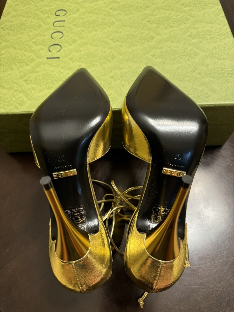 New Gucci High Heel Ankle Strap Leather Gold Pumps Shoes New Gucci High Heel Ankle Strap Leather Gold Pumps Shoes