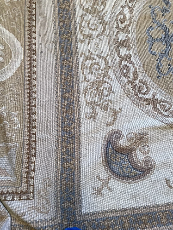 Hand Made French Aubusson Needlepoint Wool Rug  10 FT & 8 IN BY 8 FT Cream BEIGE - Image 4 of 4