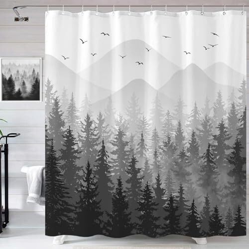 Misty Forest Shower Curtain Gray Ombre Nature Tree Plants 72'' × 72'' Black - Picture 2 of 7