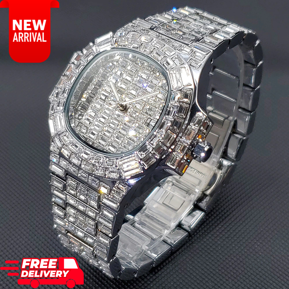MISSFOX Mens Fully Ice Out Watch Silver Analog Quartz