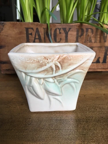 McCoy Planter Pastel Matte Embossed Leaves Flowers Pastel Cream Brown Green