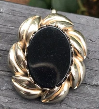 Vintage Silver Tone Metal Pin Or Pendant Black Oval Stone Made In Germany