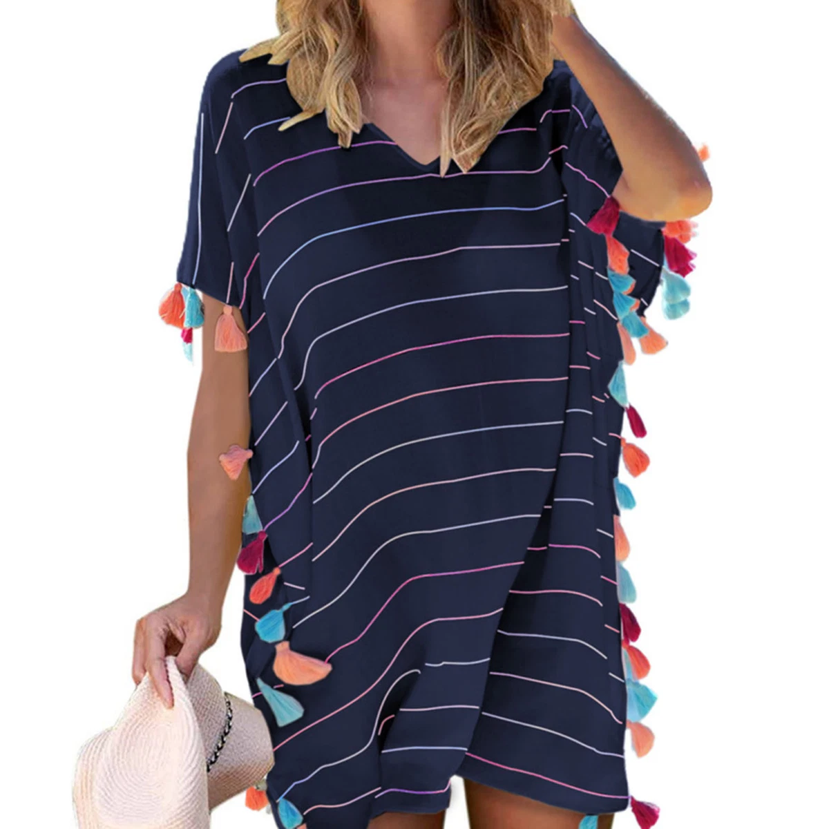 Beach Dress V neck Above Knee Tassel Ball Decor Sunscreen Dress